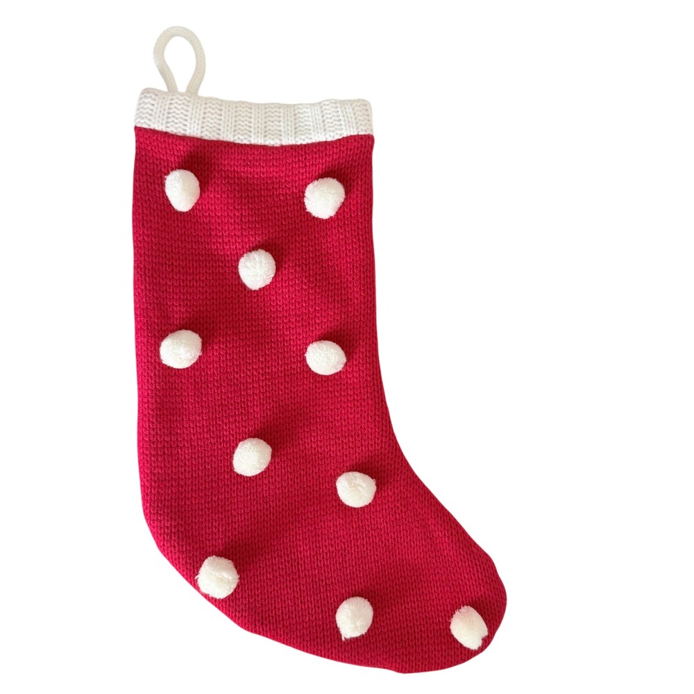 Knit Christmas Stocking Red White Pom Pom Polka Dot 18 Inch Hanging Loop